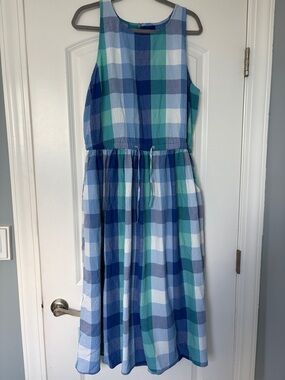 LOFT Blue Green Plaid Sleeveless Drawstring Dress